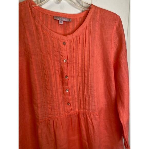 Calypso Linen 3/4 Sleeve Scooped Neckline Pleated Front Blouse Coral Size Small - Picture 7 of 9